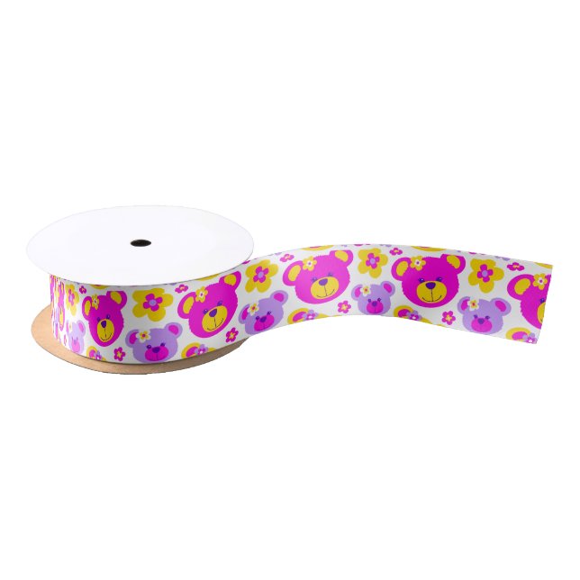 Teddy bear and flower pink yellow white ribbon satin ribbon (Spool)