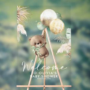 Teddy Bear and Green Balloons Baby Shower Welcome Acrylic Sign