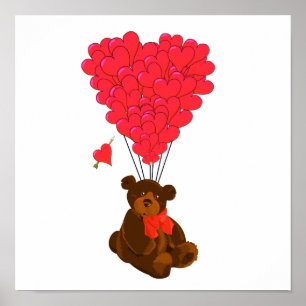Teddy bear and  heart balloons poster
