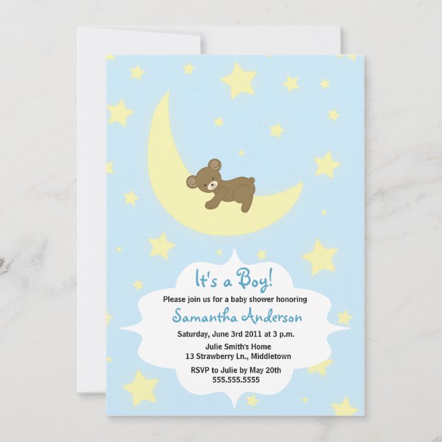 Teddy Bear and Moon Baby Shower Invite - Boy (Front)