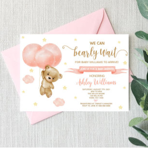 Teddy Bear and Pink Balloons Baby Shower Invitation