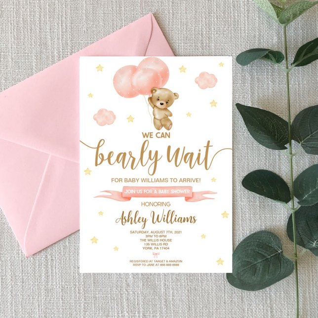 Teddy Bear and Pink Balloons Baby Shower Invitation (Creator Uploaded)