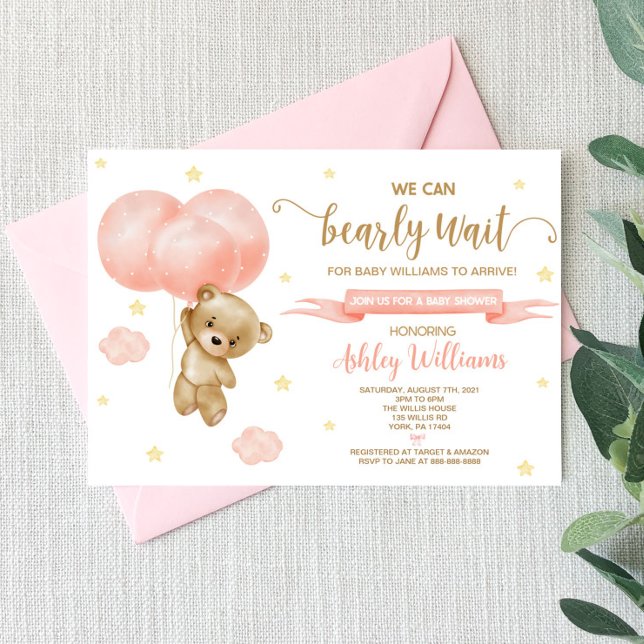 Teddy Bear and Pink Balloons Baby Shower Invitation (Creator Uploaded)