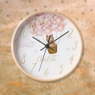 Teddy Bear And Pink Balloons Personalised Clock