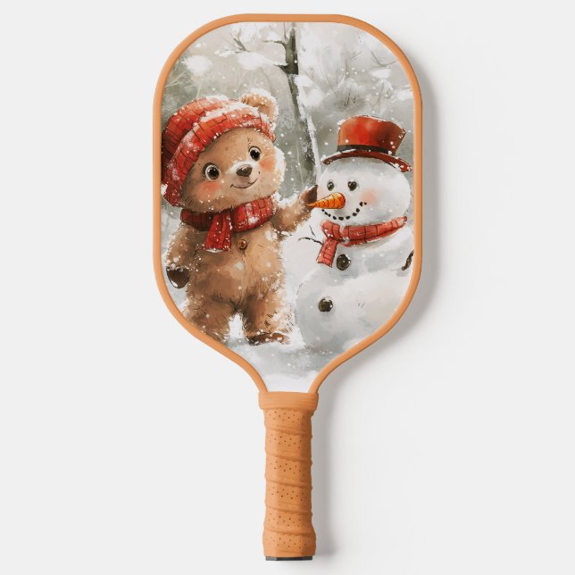 Teddy Bear and Snowman Pickleball Paddle (Front)