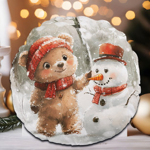 Teddy Bear and Snowman Round Cushion