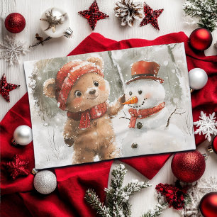 Teddy Bear and Snowman Tea Towel