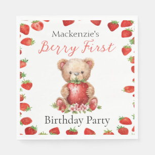 Teddy Bear and Strawberry Berry First Birthday Napkin