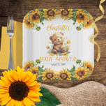 Teddy Bear and Sunflowers Baby Shower Paper Plate<br><div class="desc">Introducing a charming and gender-neutral design template that is sure to delight any mum to be! This adorable design features a cute little watercolor teddy bear sitting amongst a field of sunflowers, surrounded by top and bottom sunflower boughs. Set against a crisp white background, the design exudes a sense of...</div>