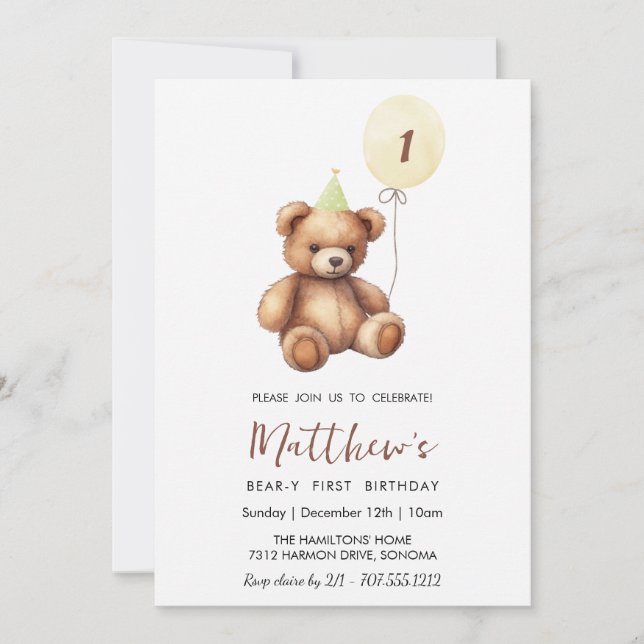 Teddy Bear ANY AGE birthday Invitation (Front)