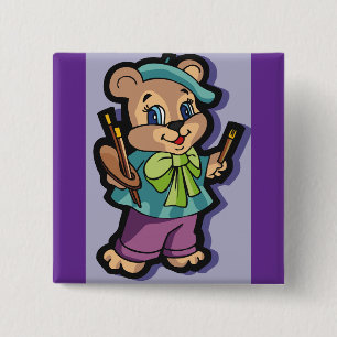 Teddy Bear Artist with Beret and Paint Brushes 15 Cm Square Badge