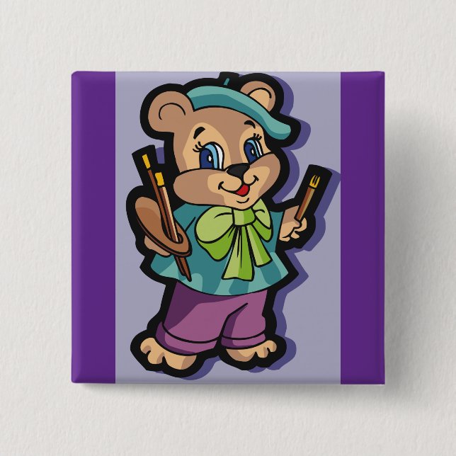 Teddy Bear Artist with Beret and Paint Brushes 15 Cm Square Badge (Front)