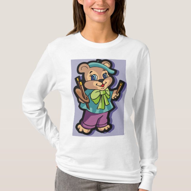 Teddy Bear Artist with Beret and Paint Brushes T-Shirt (Front)