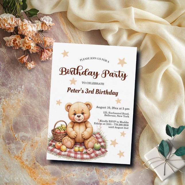 Teddy Bear at Picnic 3rd Birthday Party Invitation (Creator Uploaded)
