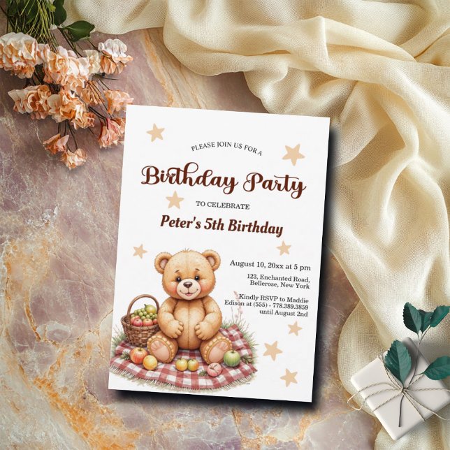 Teddy Bear at Picnic 5th Birthday Party Invitation (Creator Uploaded)