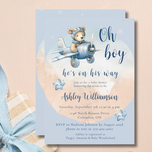 Teddy Bear Aviator Oh Boy Baby Shower Invitation (Creator Uploaded)