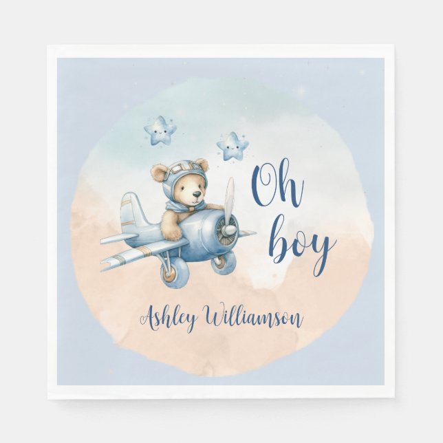 Teddy Bear Aviator Oh Boy Baby Shower  Napkin (Front)