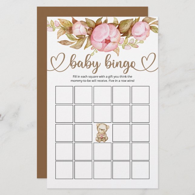 Teddy Bear Baby Bear Baby Shower Bingo Game (Front/Back)
