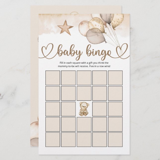 Teddy Bear Baby Bear Baby Shower Bingo Game (Front/Back)