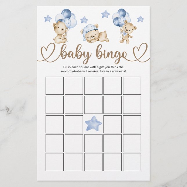 Teddy Bear Baby Bear Baby Shower Bingo Game (Front)