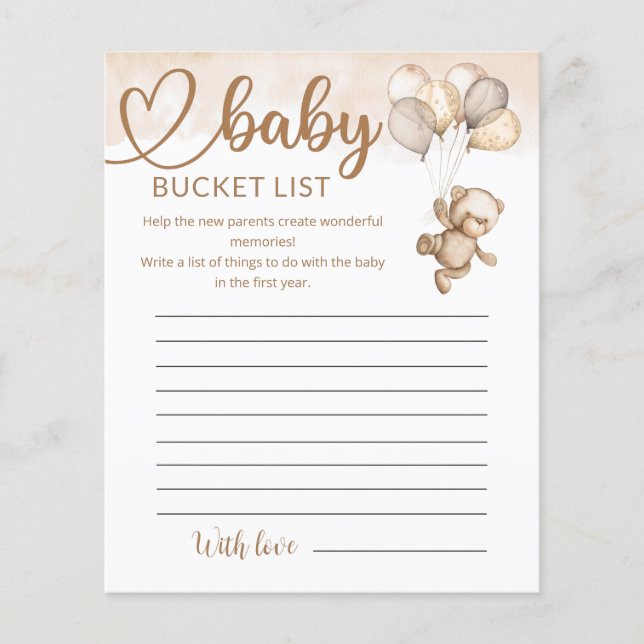 Teddy Bear Baby Bear Baby Shower Bucket List (Front)