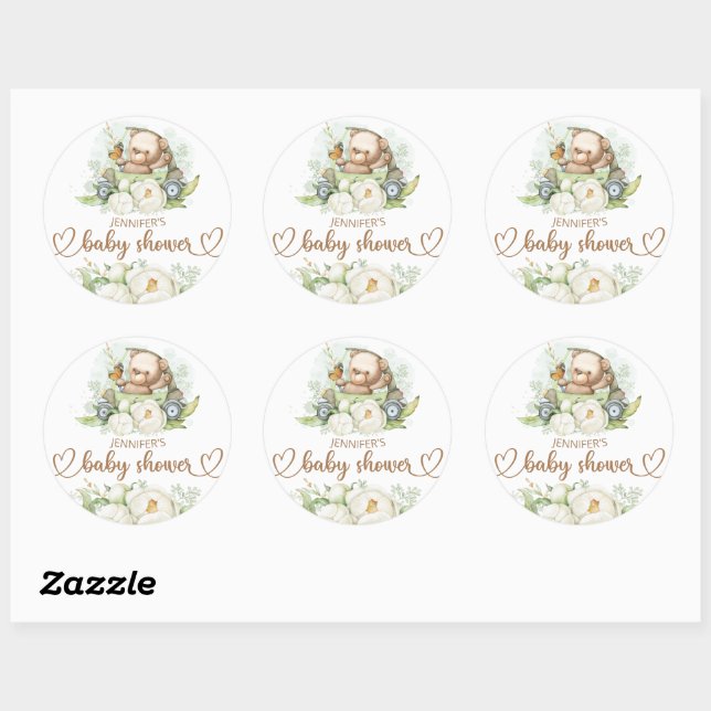 Teddy Bear Baby Bear Baby Shower Floral Classic Round Sticker (Sheet)