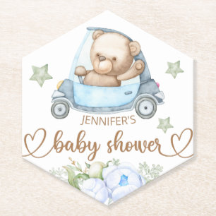Teddy Bear Baby Bear Baby Shower Floral  Paper Coaster