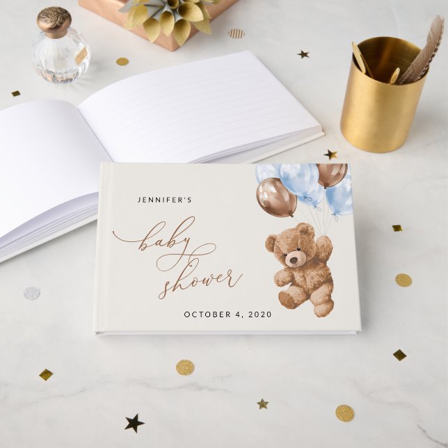 Teddy Bear, Baby Bear, Blue Balloons, Baby Shower Guest Book (Front Open)