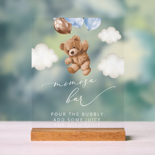 Teddy Bear, Baby Bear, Blue Balloons, Momosa Bar Acrylic Sign (Neutral)