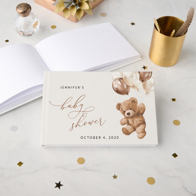 Teddy Bear, Baby Bear, Brown Balloons, Baby Shower Guest Book (Front Open)