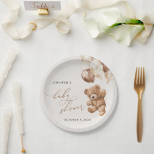 Teddy Bear, Baby Bear, Brown Balloons, Baby Shower Paper Plate