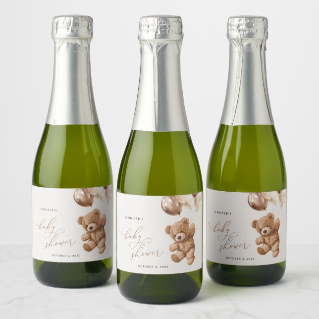 Teddy Bear, Baby Bear, Brown Balloons, Baby Shower Sparkling Wine Label (Bottles)