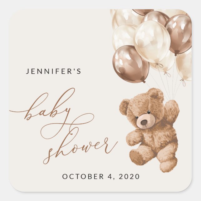 Teddy Bear, Baby Bear, Brown Balloons, Baby Shower Square Sticker (Front)