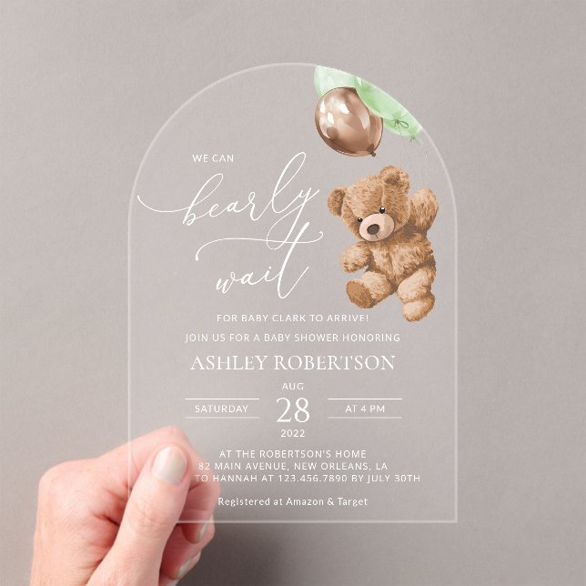 Teddy Bear, Baby Bear, Green Balloons, Baby Shower Acrylic Invitations (Insitu (Handheld))
