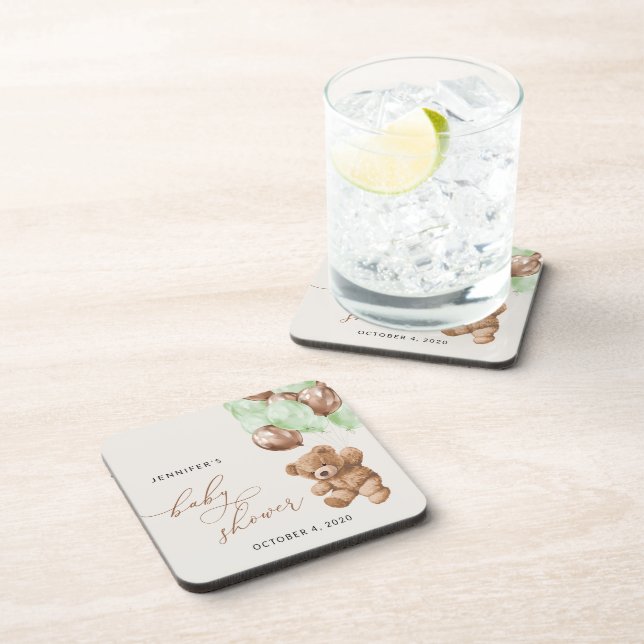 Teddy Bear, Baby Bear, Green Balloons, Baby Shower Coaster (Right Side)