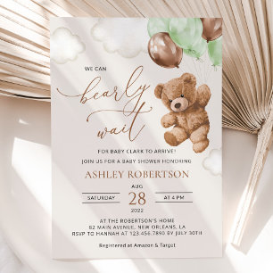 Teddy Bear, Baby Bear, Green Balloons, Baby Shower Invitation