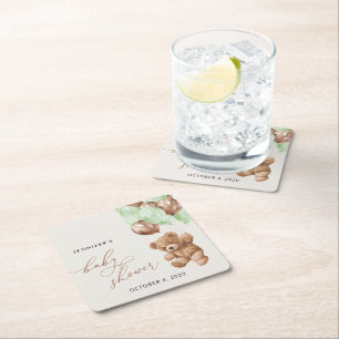 Teddy Bear, Baby Bear, Green Balloons, Baby Shower Square Paper Coaster