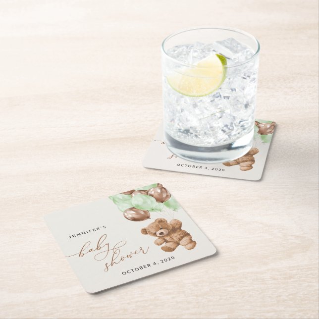 Teddy Bear, Baby Bear, Green Balloons, Baby Shower Square Paper Coaster (Insitu)