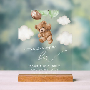 Teddy Bear, Baby Bear, Green Balloons, Momosa Bar Acrylic Sign