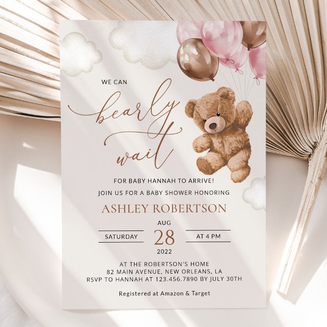 Teddy Bear, Baby Bear, Pink Balloons, Baby Shower Invitation (Creator Uploaded)