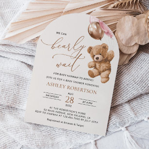 Teddy Bear, Baby Bear, Pink Balloons, Baby Shower Invitation