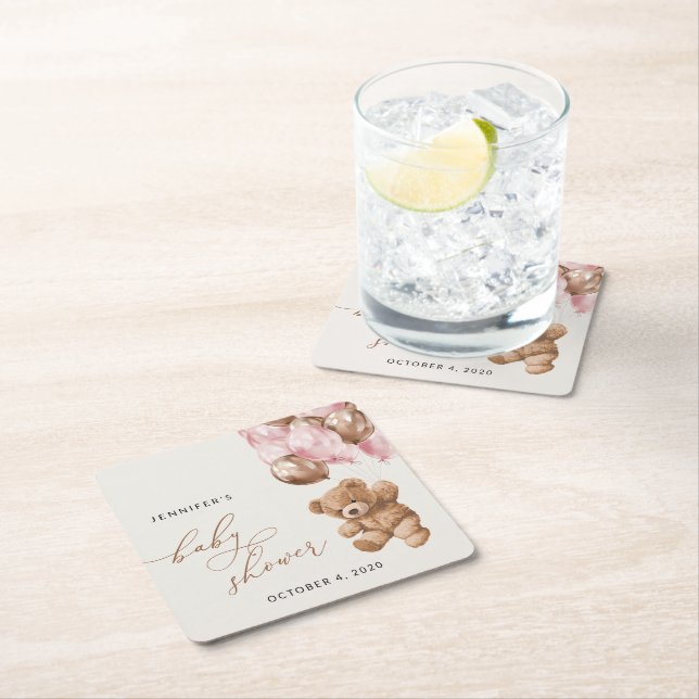 Teddy Bear, Baby Bear, Pink Balloons, Baby Shower Square Paper Coaster (Insitu)