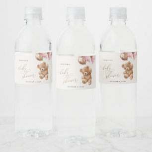 Teddy Bear, Baby Bear, Pink Balloons, Baby Shower Water Bottle Label