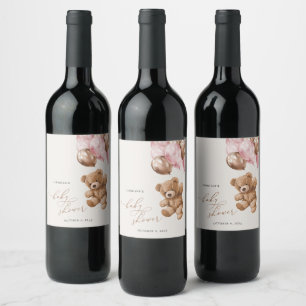 Teddy Bear, Baby Bear, Pink Balloons, Baby Shower Wine Label