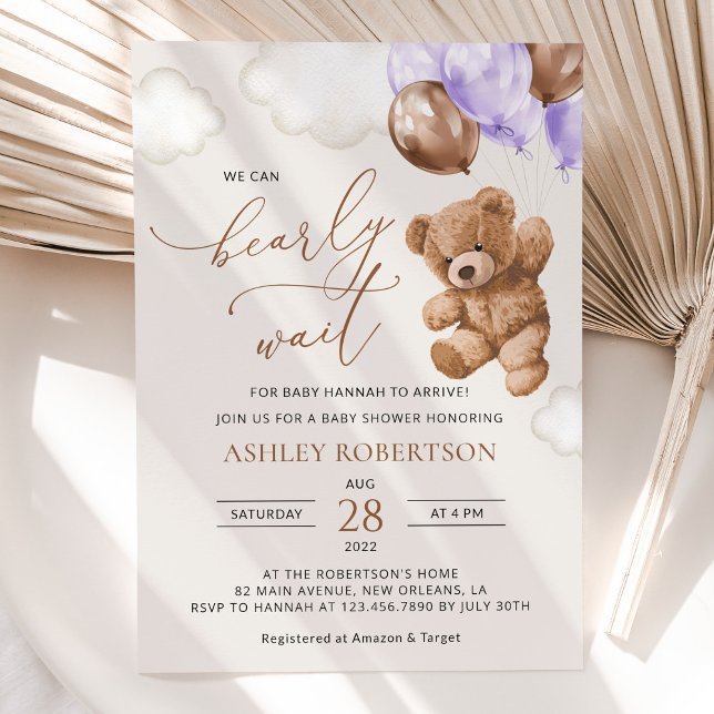 Teddy Bear, Baby Bear, Purple Balloon, Baby Shower Invitation (Creator Uploaded)