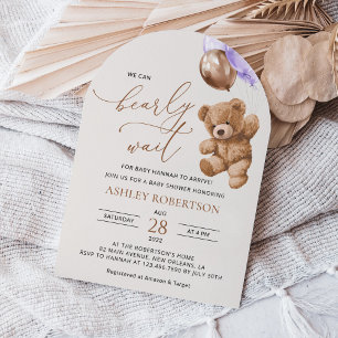 Teddy Bear, Baby Bear, Purple Balloon, Baby Shower Invitation