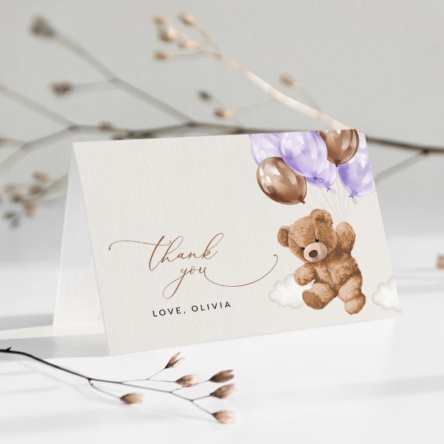 Teddy Bear, Baby Bear, Purple Balloon, Baby Shower Thank You Card (Creator Uploaded)