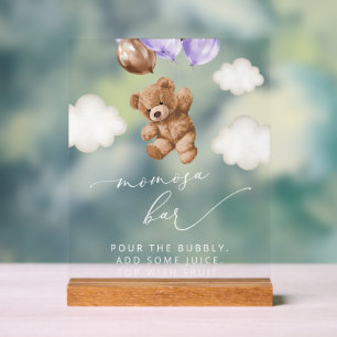 Teddy Bear, Baby Bear, Purple Balloons, Momosa Bar Acrylic Sign