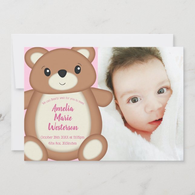 Teddy Bear Baby Birth Announcement (Front)