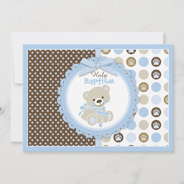 Teddy Bear Baby Boy Baptism Blue Invitation (Front)